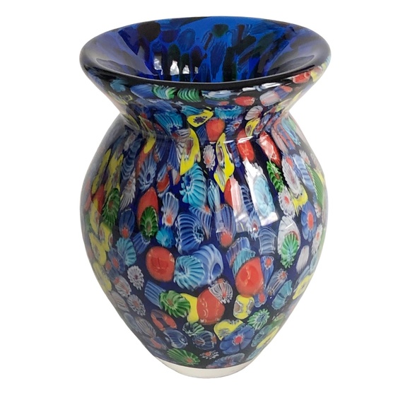 Millefiori Cobalt Blue Art Glass Bouquet Vase 7in Tall Heavy! - Picture 2 of 12